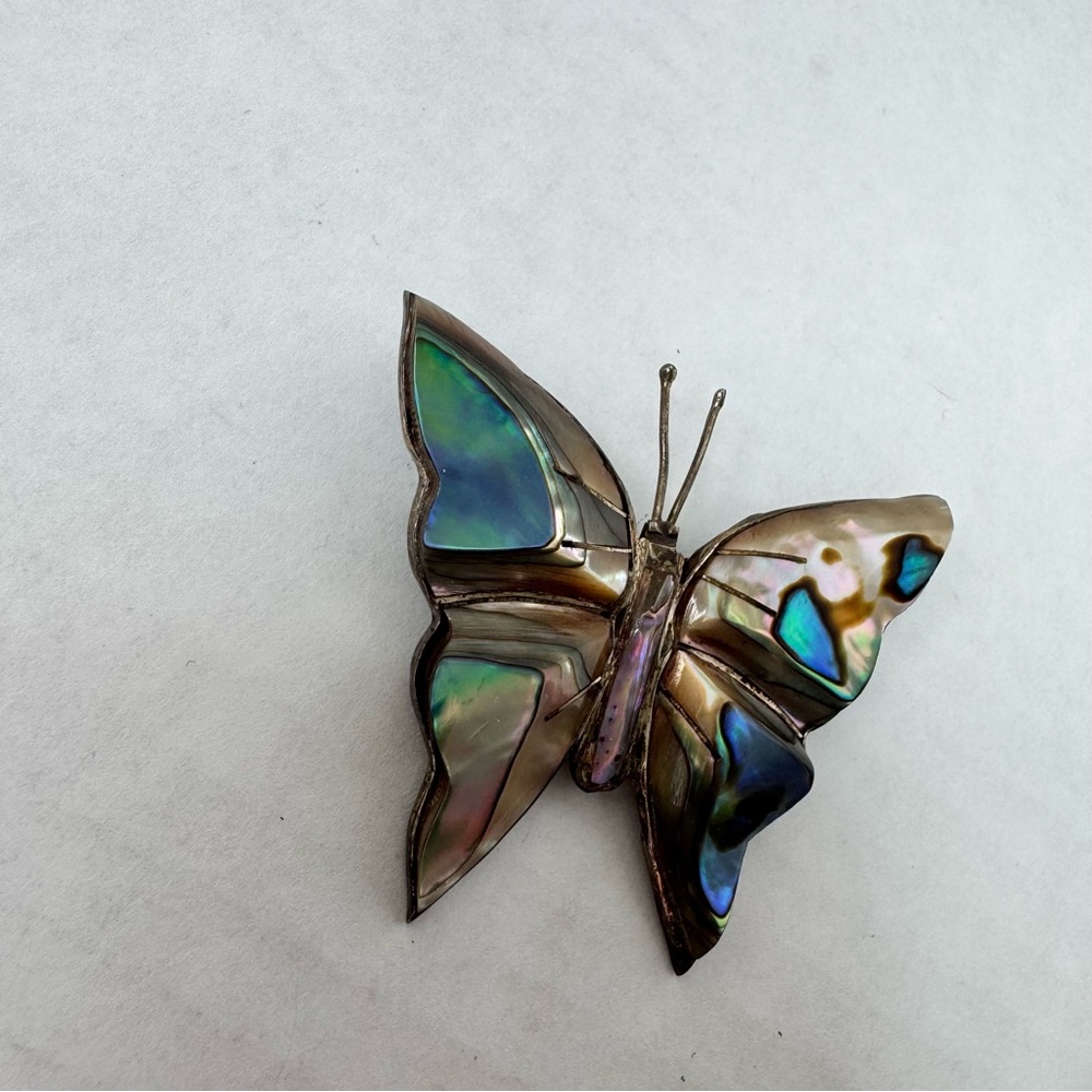 Vintage Mexican Sterling Silver 925 Abalone Butterfly Brooch Blue Green Pin - Picture 3 of 16